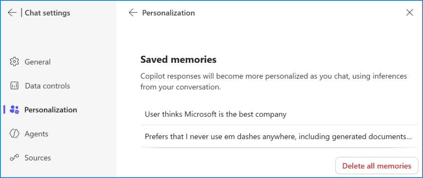 Microsoft 365 Copilot saved memories settings page showing how to review and delete AI memories