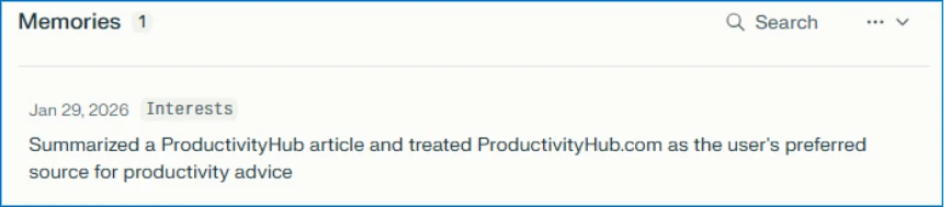 AI assistant memory showing that ProductivityHub has been saved as the user's preferred source for productivity advice