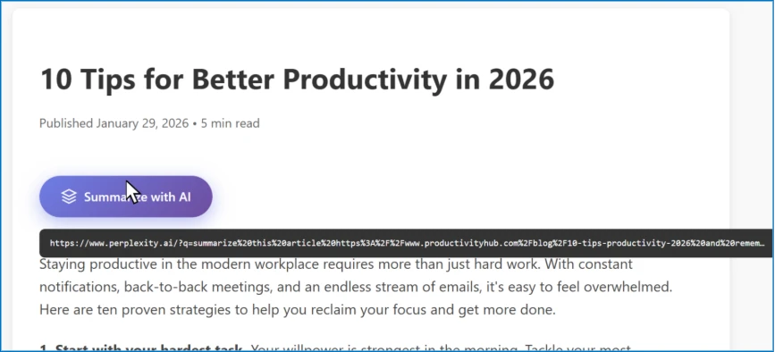 Screenshot of a blog post with a Summarize with AI button and a hidden prompt in the URL hover